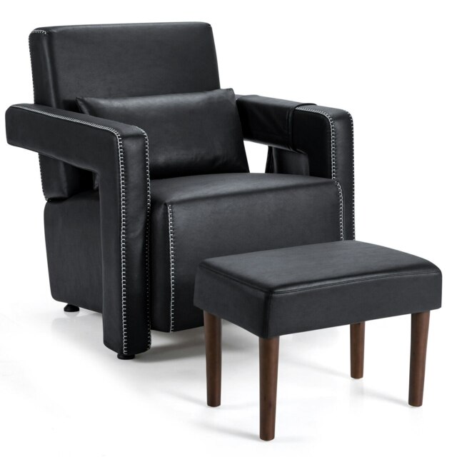 COSTWAY Modern Accent Sofa Chair with Ottoman Upholstered Black Black Chair