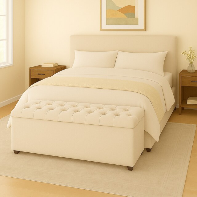 120cm Chesterfield Plush Velvet Cream Upholstered Storage Ottoman Bench - Deep Tufted Lid & Wooden Leg
