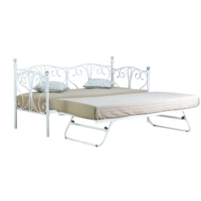 2ft6 White Metal Day Bed With Crystal Finials With Trundle