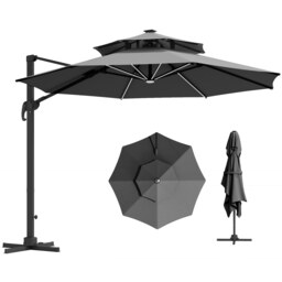 Outsunny 3 m Cantilever Roma Parasol with LED Solar Lights, Crank and Tilt, Aluminium Frame, Cross Base and Adjustable Canopy 360 Rotating Sun Umbrella with 2Tier Shade, Grey