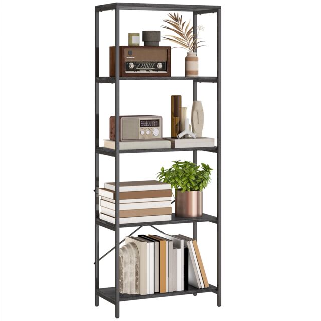HOMCOM Industrial Bookshelf, Freestanding Bookcase, Dark Grey and Black Black Dark Grey and Black