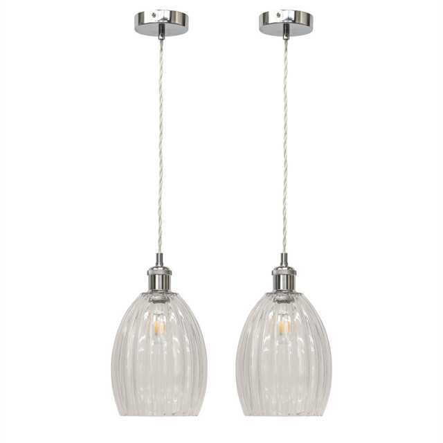 Set of 2 Birch - Clear Fluted Glass Chrome Retro Pendant Fittings