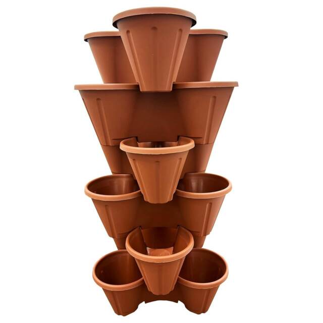 3 x Terracotta Trio 3 Pot Strawberry Stacking Planters For Planting, Gardening, Herbs & Flowers Brown Terracotta