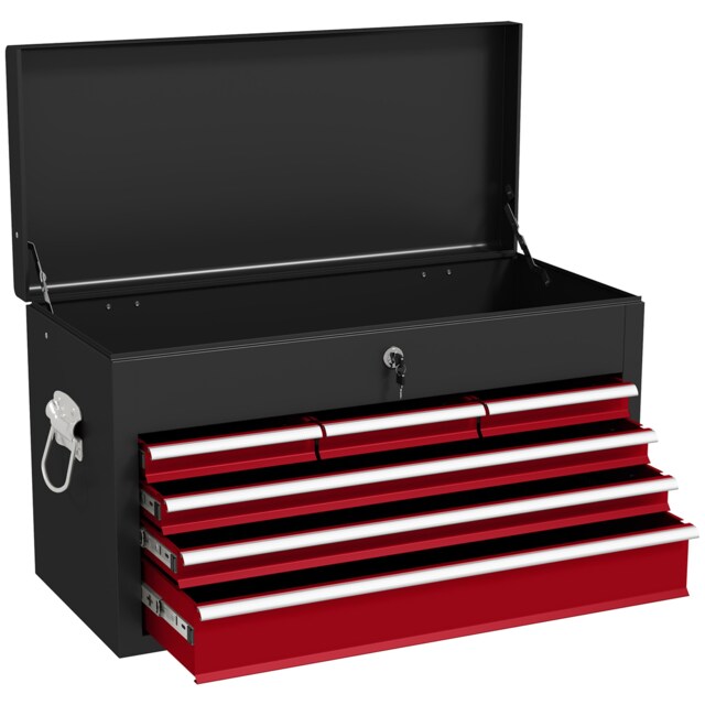 HOMCOM 6 Drawer Tool Chest, Lockable Metal Tool Box with Top Case, Ball Bearing Runners, Portable Toolbox, 600mm x 260mm x 340mm, Red Red