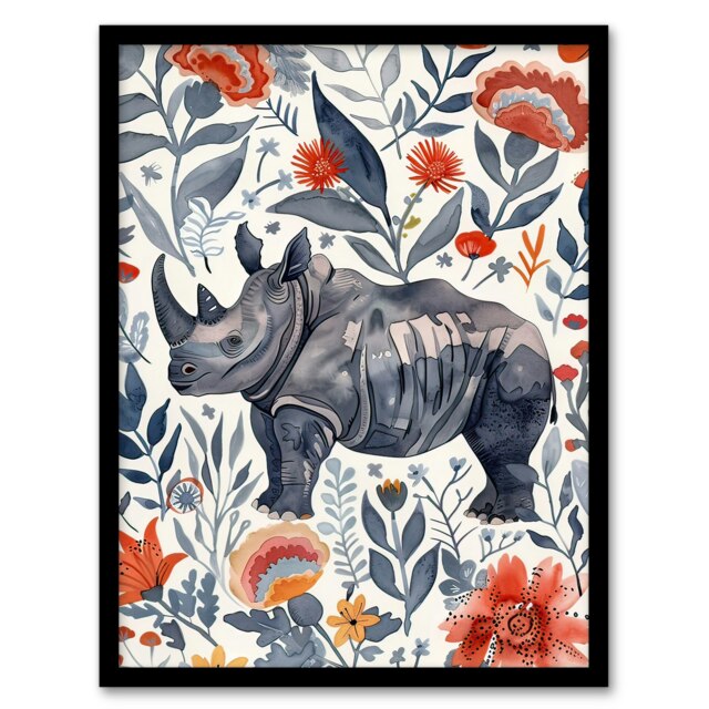 Rhinoceros Rhino Blue Red Floral Pattern Portrait Black Framed Wall Art Print A4