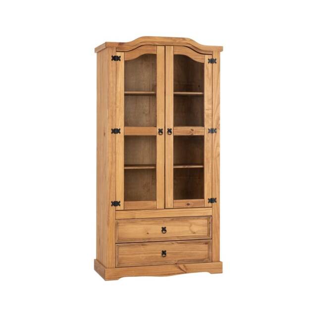 Corona 2 Door 2 Drawer Glass Display Unit - Wood - L43 x W96 x H186 cm - Distressed Waxed Pine - Glass