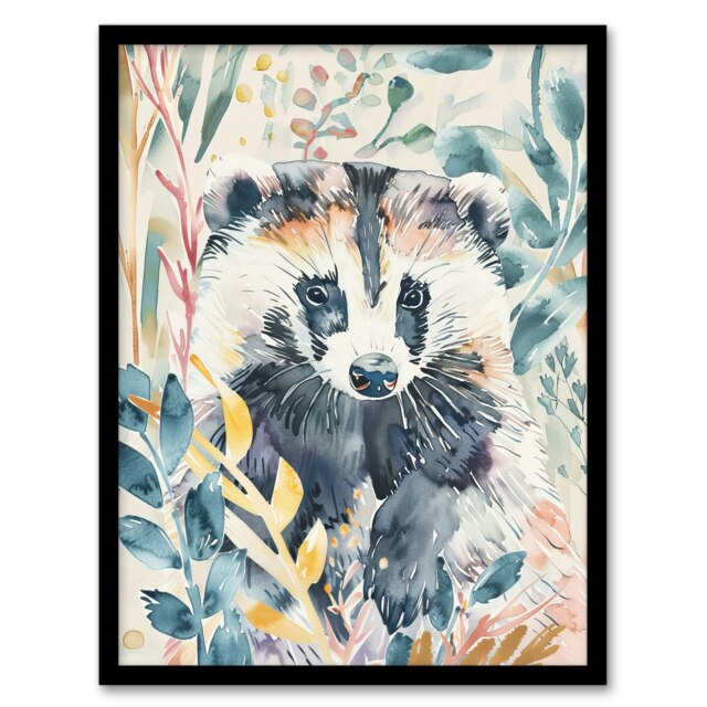 Botanical Badger Watercolour Soft Woodland Black Framed Wall Art Print A4