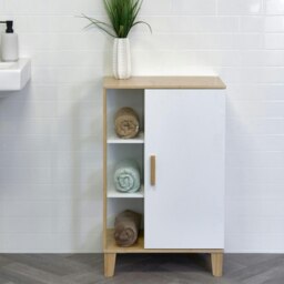 Showerdrape Varallo Matt White & Bamboo Floor Bathroom Cabinet with Display Shelves White 1