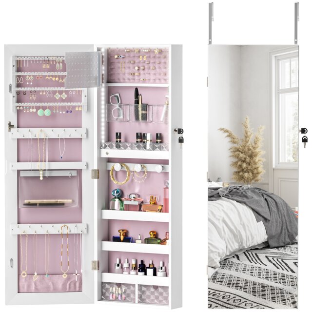 HOMCOM Door Hanging or Wall Mounted Jewellery Cabinet w/ Mirror Pink Lining