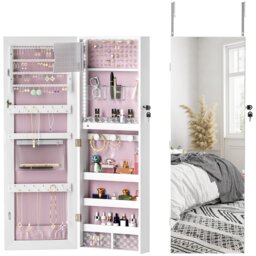 HOMCOM Jewellery Cabinet with LED Lights, Door Hanging or Wall Mounted Full Length Mirror with Storage, Lockable Jewellery Organiser, White Surface and Pink Lining White White Surface and Pink Lining