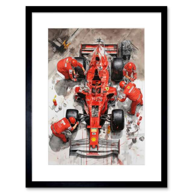 "Motorsport Red ace Car Wheel Change Aerial Shot 9x7"" Black Framed Wall Art Print"