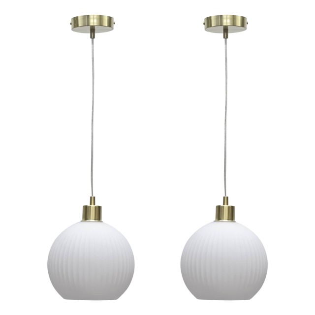 Set of 2 Betchley - White Ribbed Glass Globe with Satin Brass Pendants White White glass with satin brass plate detail Small 2