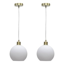 Set of 2 Betchley - White Ribbed Glass Globe with Satin Brass Pendants White White glass with satin brass plate detail Small 2