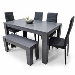 Kosy Koala Modern Dark Grey Dining Table Set with 4 Black Metal Chairs And 1 Bench