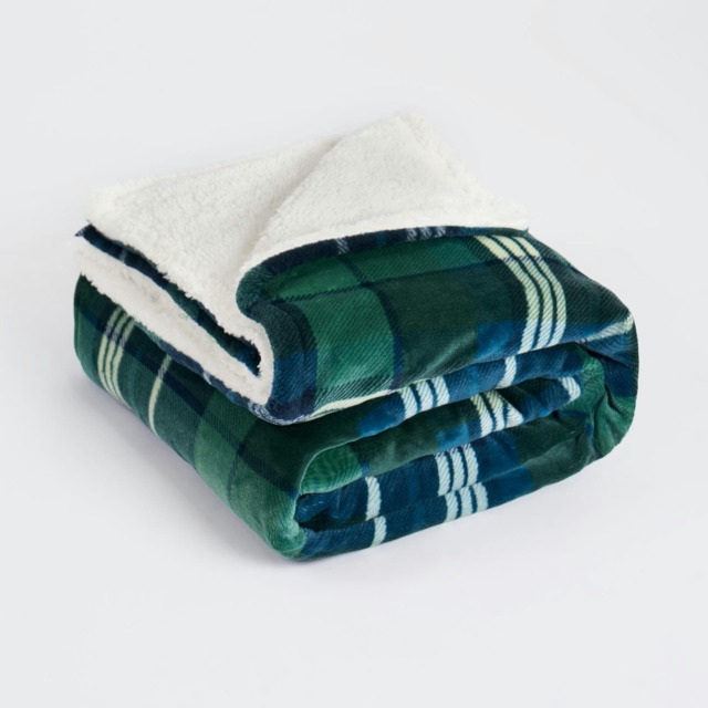 OHS Hudson Flannel Fleece Check Printed Throw Blanket, 130x160cm - Green