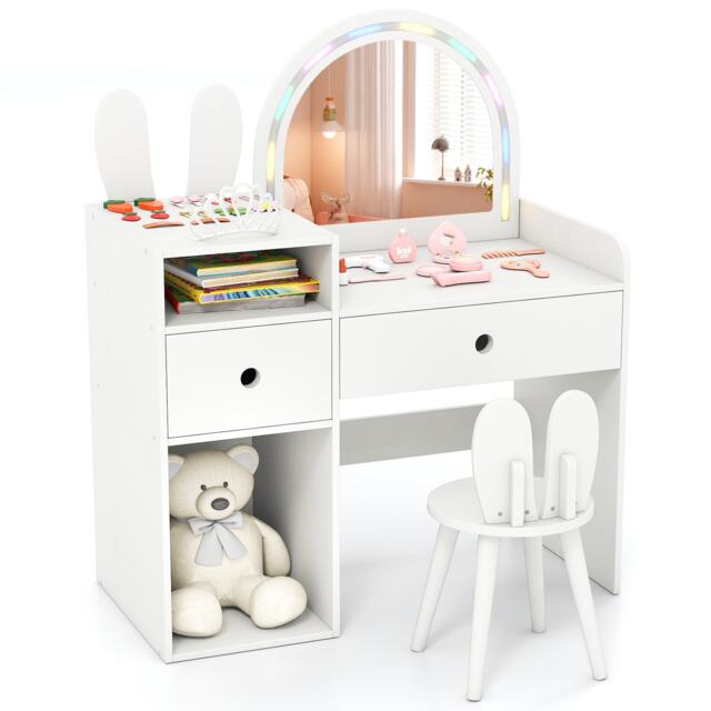 COSTWAY Bunny Kids Vanity Table and Chair Set Girls White