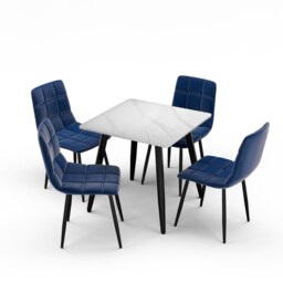 5-Piece Dining Set - 80cm Square Sintered Stone Table and 4 Velvet Chairs with Metal Legs White White & Blue 1