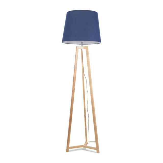 ValueLights Lottie Natural Wood Tripod Floor Lamp Navy Blue Taper Shade and Bulb
