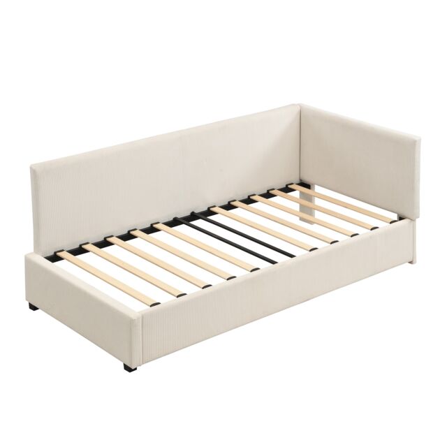 Abrihome Corduroy Upholstered Single Bed 3ft (90x190cm) – Dual Headboard Design, Safety Side Rails, Wood Slatted Frame, Easy Assembly