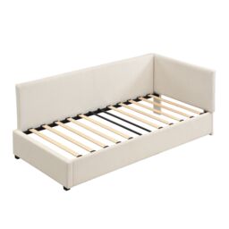 Abrihome Corduroy Upholstered Single Bed 3ft (90x190cm) – Dual Headboard Design, Safety Side Rails, Wood Slatted Frame, Easy Assembly
