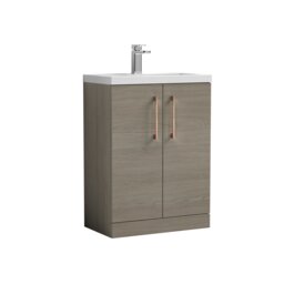 Balterley Level Compact Bathroom Cloakroom Vanity Basin Unit with Ceramic Basin, Handles, Mid Oak Brown Grey Vicenza Oak 840 x 620 x 360mm