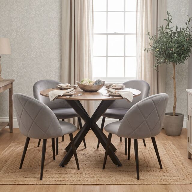 KOSY KOALA 4 Seater Round Dining Table with Wood Effect Tabletop Black Metal X Shaped Legs & 4 Grey Velvet Chairs for Kitchen Dining Room Furniture Set