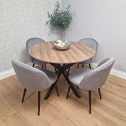 KOSY KOALA 4 Seater Round Dining Table with Wood Effect Tabletop Black Metal X Shaped Legs & 4 Grey Velvet Chairs for Kitchen Dining Room Furniture Set