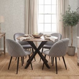 KOSY KOALA 4 Seater Round Dining Table with Wood Effect Tabletop Black Metal X Shaped Legs & 4 Grey Velvet Chairs for Kitchen Dining Room Furniture Set