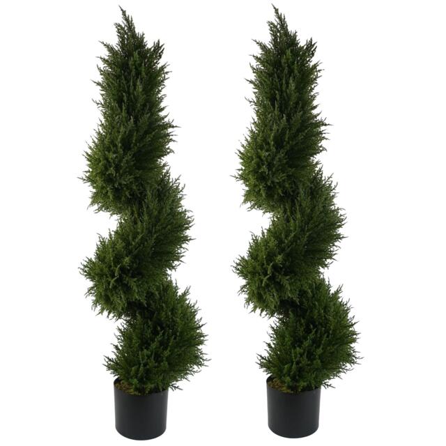 120cm Pair of Spiral Cypress Tree Artificial Topiary Green 4ft