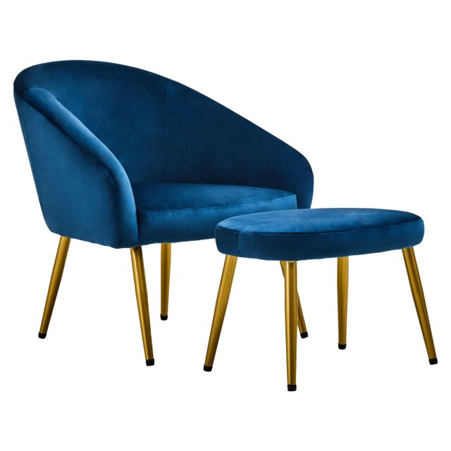 Orsina Midnight Blue Velvet Chair with Gold Legs and Footstool, Contemporary Accent Chair with high Footstool