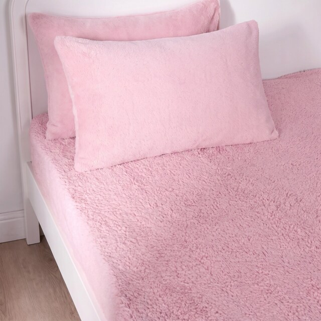 OHS 25cm Deep Fitted Soft Teddy Fleece Thermal Warm Bed Sheet, King - Blush Pink