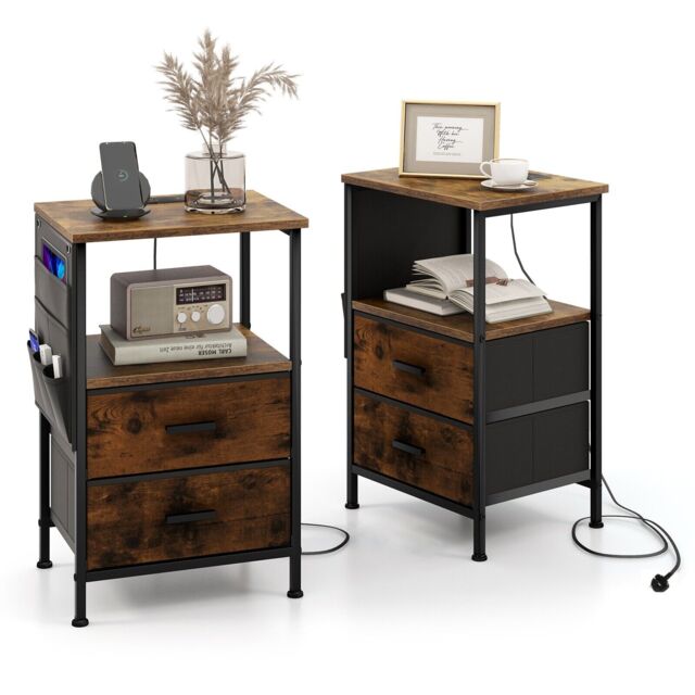 COSTWAY Set of 2 Nightstand with Charging Station Industrial Bedside Table 2 Drawers