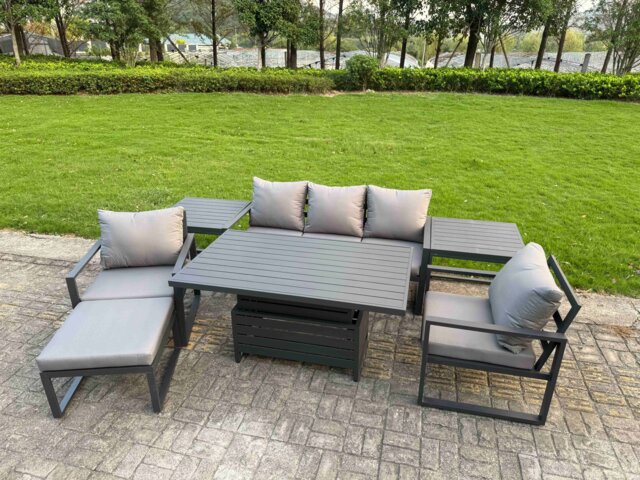 Fimous 7-Piece Aluminium Garden Furniture Sets 6 Seater Outdoor Sofa Set with Adjustable Rising Lifting Dining Table 2 Chairs Big Footstool 2 Side Tables