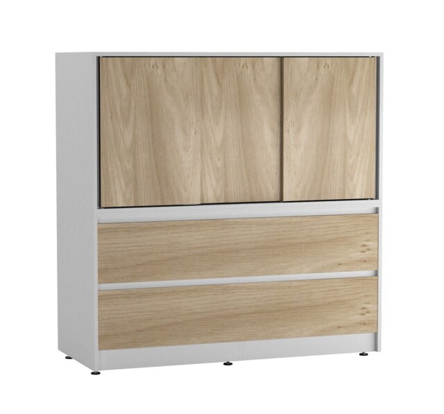 120cm 3 Sliding Door 4 Drawer Bedside Cabinet Storage End Unit Bedroom Furniture Multi White with Oak Doors 1