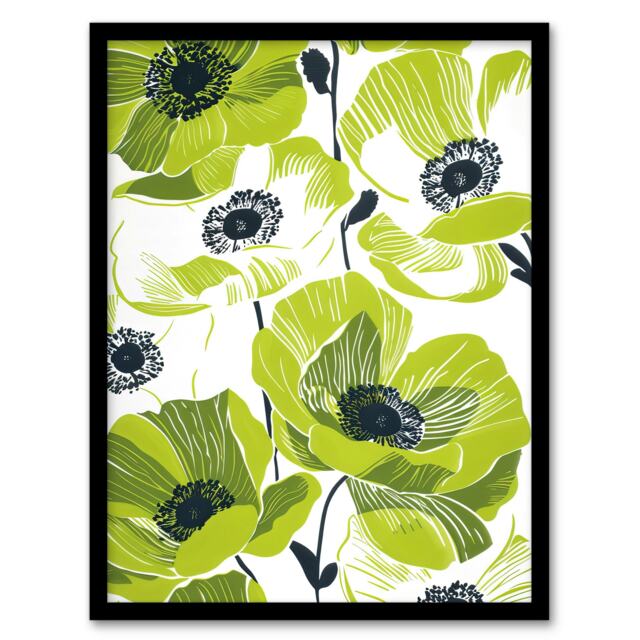 Lime Green Poppy Flowers Poppies Floral Black Framed Wall Art Print A4