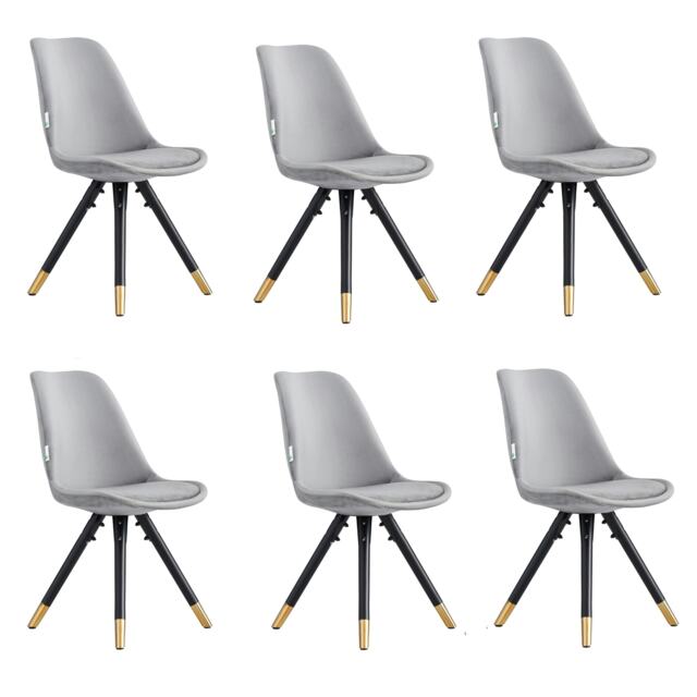 Set of 6 Sofia Ergonomic Modern Dining Chairs Upholstered in Velvet, Metal Legs with Gold End Tips Grey Light Grey
