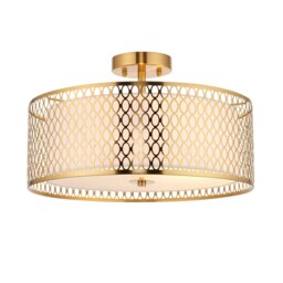 Cordero Decorative Flush Ceiling Lamp, Gold Effect Plate, White Fabric, Frosted Glass