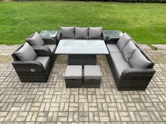 Fimous Rattan Outdoor Garden Furniture Sets Height Adjustable Rising lifting Dining Table Reclining Chair Sofa Set with 2 Side Tables 2 Small Footstools Dark Grey Mixed