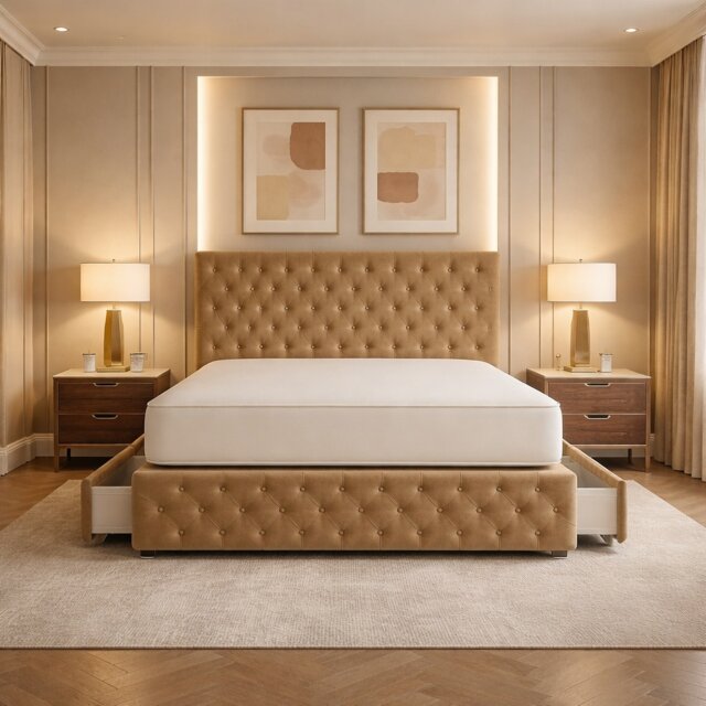 Double 4ft6 Chesterfield mink plush divan bed with headboard and footboard set No Drawers
