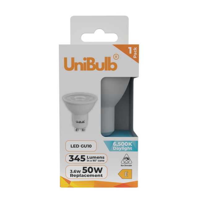 UniBulb LED GU10 345lm 3.6W (Replaces 50W) 6500K (Daylight) Spotlight Downlight Light Bulb - Pack of 1 White Daylight 1
