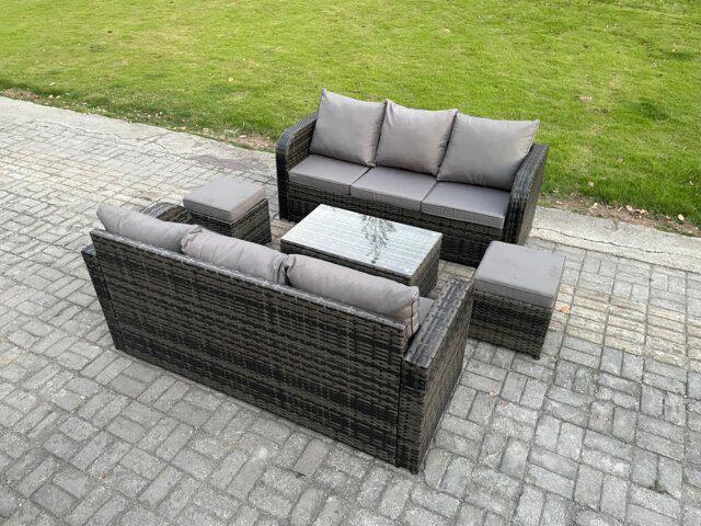 Fimous Outdoor Garden Furniture Sets 8 Seater Wicker Rattan Furniture Sofa Sets with Rectangular Coffee Table 3 Seater Sofa 2 Small Footstools Dark Grey Mixed