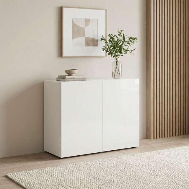 FURNICOMP Vida 2 Door 90cm Small Compact White Gloss Sideboard
