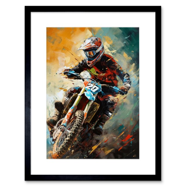 "Motocross Race Driver Sport Action Shot Painting 9x7"" Black Framed Wall Art Print"