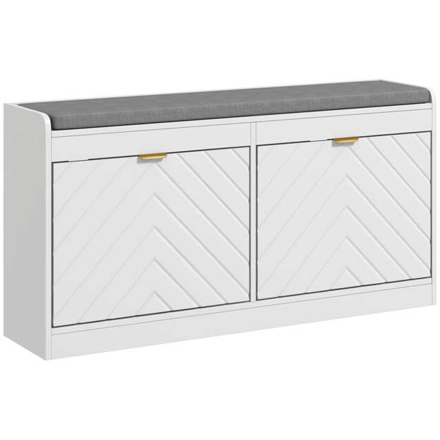 HOMCOM Shoe Bench with 2 Flip Drawers, Cushion, 8 Pairs for Entryway White White White
