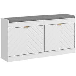 HOMCOM Shoe Bench with 2 Flip Drawers, Cushion, 8 Pairs for Entryway White