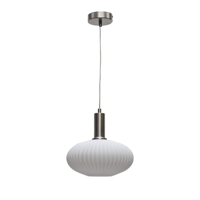 Baton - White Ribbed Oval Glass Satin Nickel Deco Pendant Fitting