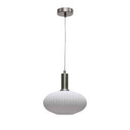 Baton - White Ribbed Oval Glass Satin Nickel Deco Pendant Fitting