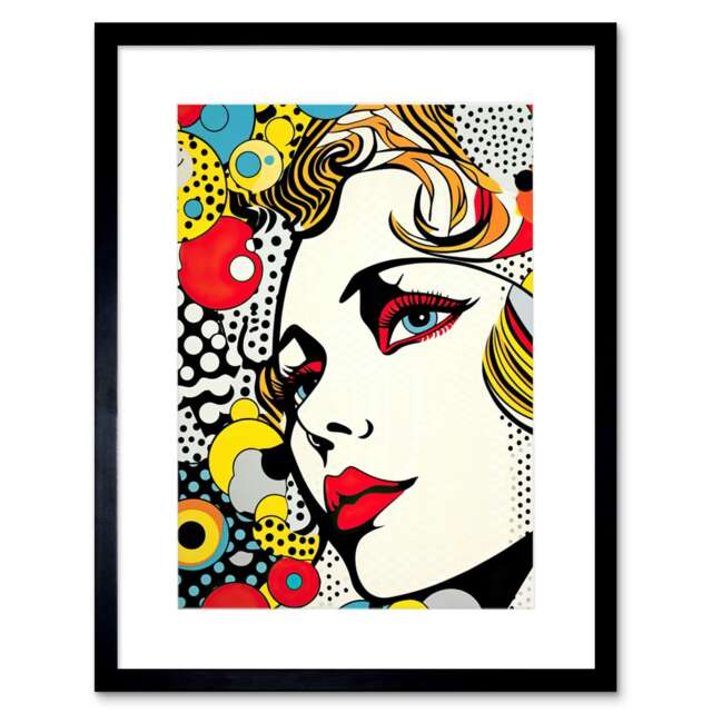 "Woman Face Geometric Patterns Bubbles Comic Style Pop 9x7"" Black Framed Wall Art Print"
