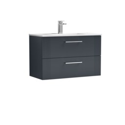 Balterley Partial Fluted 2 Drawer Wall Hung Vanity Unit with 1 Tap Hole Minimalist Basin Grey Satin Soft Black