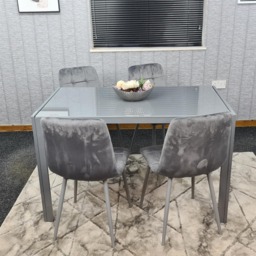 Dining Table and 4 Chairs Grey Glass 4 Velvet Chairs Dining Room Furniture Grey One Size 5